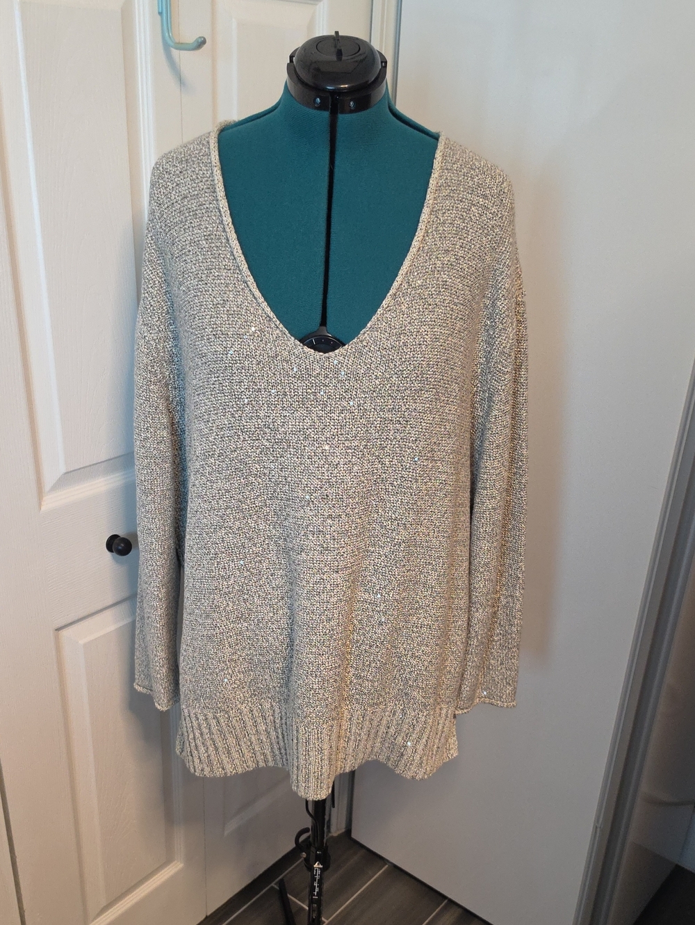 Lafayette 148 New York Cream Sparkle V-Neck Knit Sweater XXL